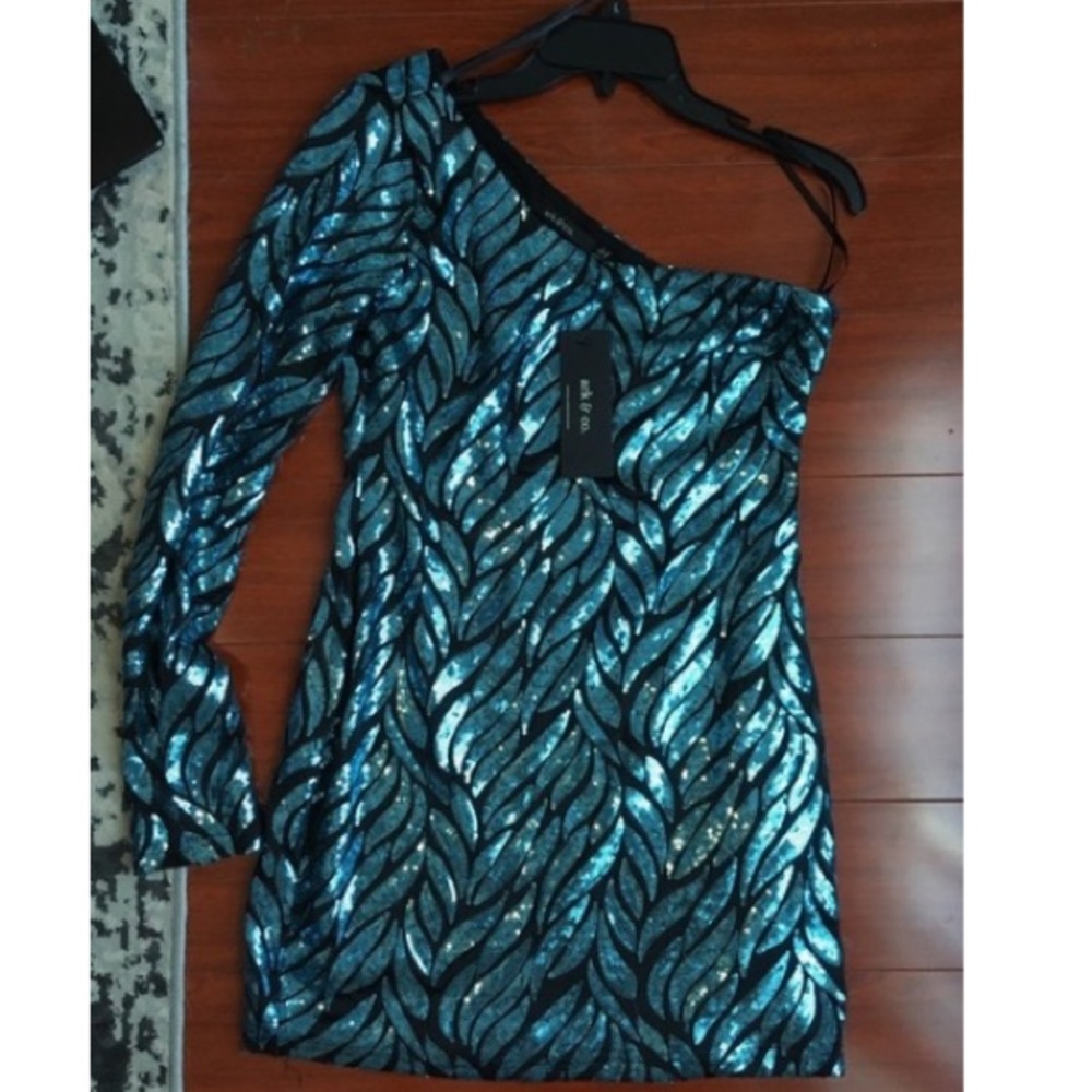 Ark & Co Blue Sequence One Shoulder Dress Size L